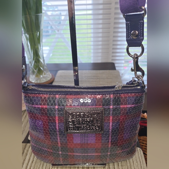 Coach Handbags - COACH POPPY, PURPLE PLAID SEQUIN- EUC